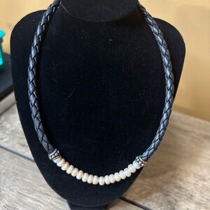 Honora Pearl Braided Leather 925 Sterling Silver Choker Necklace Black